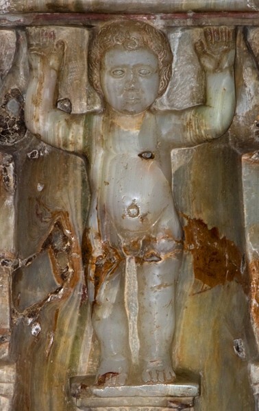 Baptismal font, detail, putto atlante - Capilla del Señor de la Presa