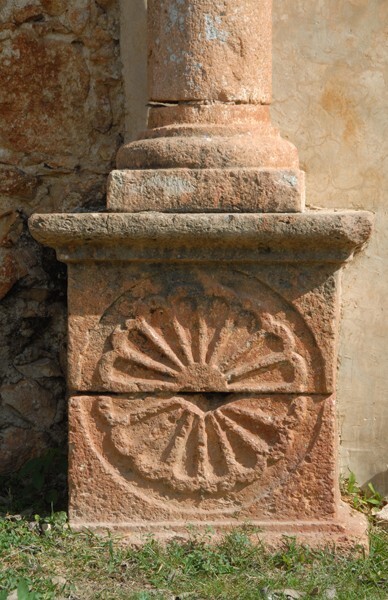 San Antonio, façade, main portal, pillar base - Ticum, Yucatán