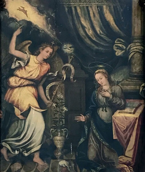 S transept Santiago retablo, bottom left tier painting, Annunciation - Señor Santiago