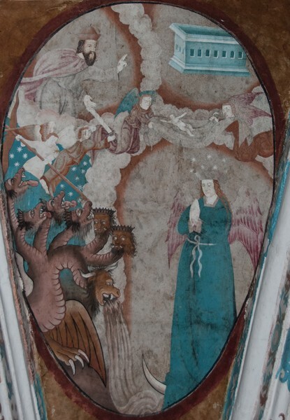 Webbing painting: Woman of the Apocalypse & Great Dragon - Tecamachalco, Puebla, La Asunción de Nuestra Señora, sotocoro