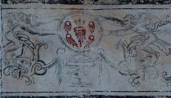 Upper cloister walk, frieze mural, putti upholding Franciscan wounds - San Francisco, façade, portería, cloister & murals