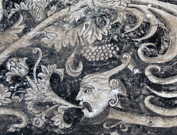 Lower cloister walk, dado mural grotesque - San Miguel Arcángel, convento & cloister & murals