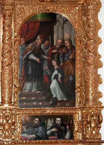Left transept Santa Ana altar, lower tier painting (left) - Capilla del Rosario