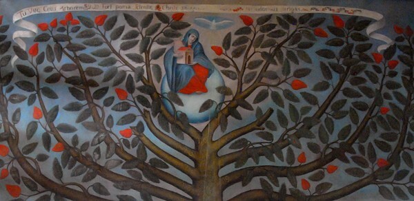 Patio stairwell mural, Lineage of St. Augustine, detail - ex-Hacienda Santa Mónica