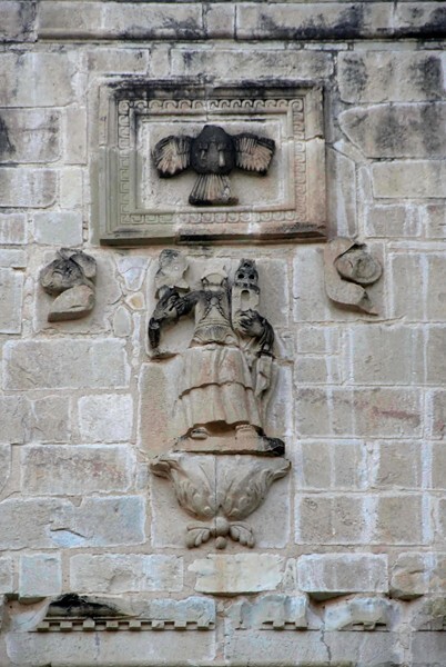San Juan Bautista, façade upper relief, St. Barbara - San Juan Bautista, church