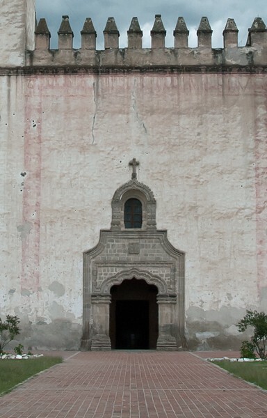 Façade - La Asunción de Nuestra Señora, façade, porciúncula portal, capilla abierta, nave & cloister