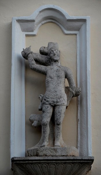 Façade, lower tier niche sculpture (right), St. Sebastian - Santiago