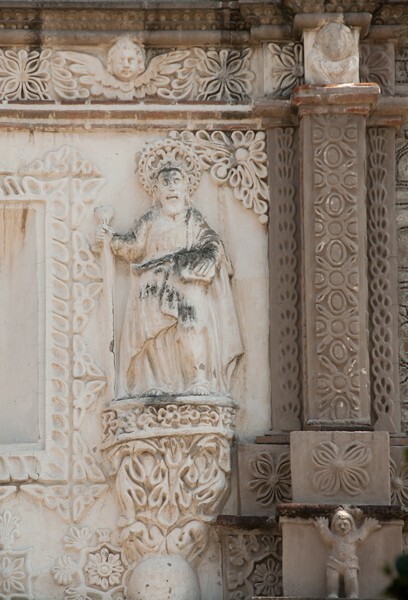San Miguel Arcángel, façade, choir loft window relief - Xometla, México