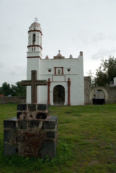 San Juan Bautista, façade, bell-tower & atrial cross - Tepemazalco, Hidalgo