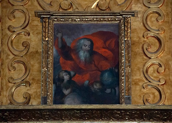 San Nicolás de Bari, high altar, attic painting, God the Father - Oxtotipac, México