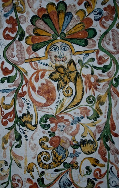 Sacristy arch, soffit murals, feathered head & merman - La Merced, sacristy arch, pillar & murals