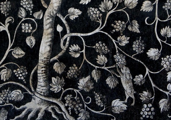 El Divino Señor, lower cloister walk mural, tree with rabbit - El Divino Señor, lower cloister ambulatory murals