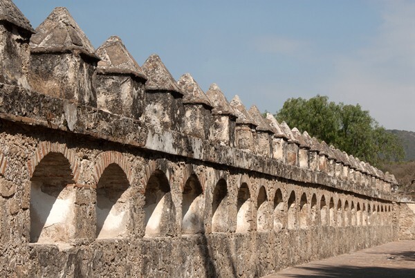 Atrial wall crenellation - San Juan Bautista, façade, portería, porciúcula door, cistern & atrial gate