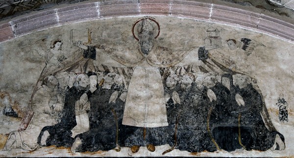 Portería lunette mural - San Nicolás de Tolentino, façade, bell-tower, portería & nave