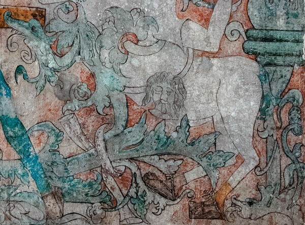 Ixmiquilpan, Hidalgo, San Miguel Arcángel, South nave mural, centaur  - Battle scene