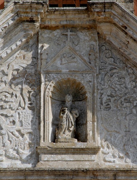 San Juan Bautista, façade portal, pediment relief - Motul, Yucatán