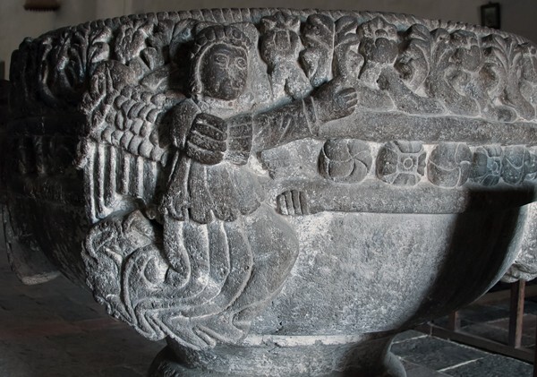 Baptismal font - La Asunción de Nuestra Señora, façade, porciúncula portal, capilla abierta, nave & cloister