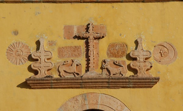 San Francisco, façade cornice, reliefs & datestone - Oxkutcab, Yucatán