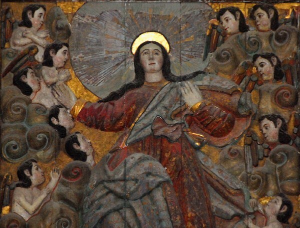 La Transfiguración, high altar, second tier central panel, Assumption - Façade, porterías, high altar & baptismal font