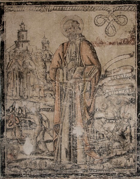 Upper cloister walk mural, St. Paul - San Francisco, façade, portería, cloister & murals