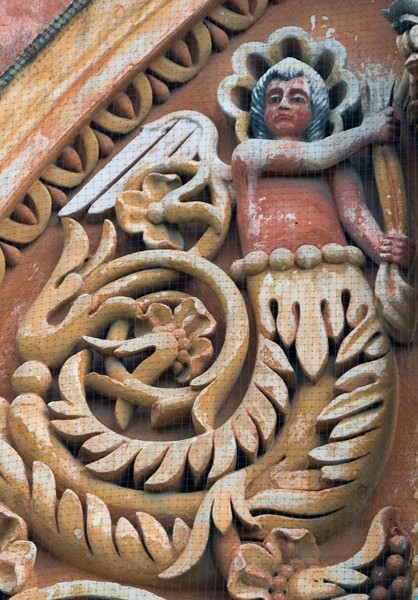 Atlixco, Puebla, La Tercera Orden, second story left, winged merman - The Seventeenth Century: Great Cathedrals and the Rise of a Popular Baroque