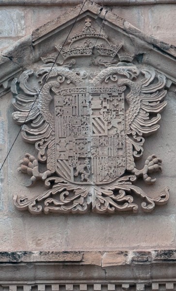 San Juan Bautista, façade, main portal ped - San Juan Bautista, church