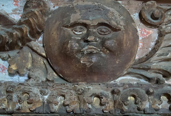 San Francisco, nave altar base detail, sun - San Francisco Huehuetlán, Oaxaca