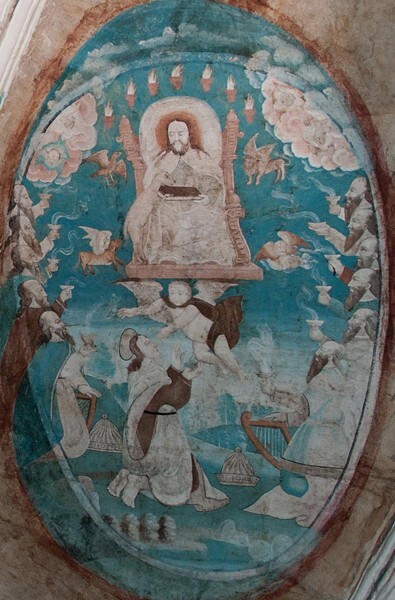 Webbing painting: God Enthroned with Apostles - Tecamachalco, Puebla, La Asunción de Nuestra Señora, sotocoro