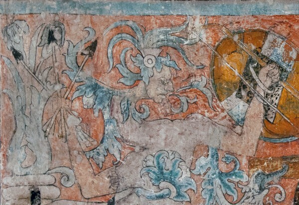 South wall mural presbytery, detail Centaur with human head & Augustin - Battle scene