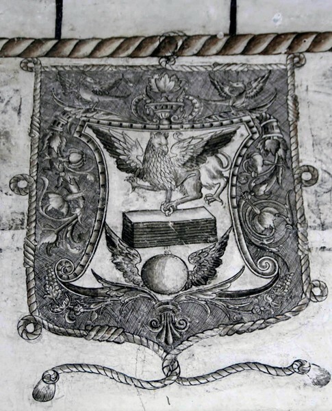 Lower cloister walk, frieze cartouche - San Martín, nave, cloister & convento