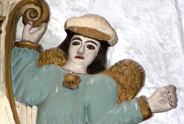 Santo Domingo, S nave, Nuestra Señora del Rosario altar detail, angel - Chiapa de Corzo, Chiaapas