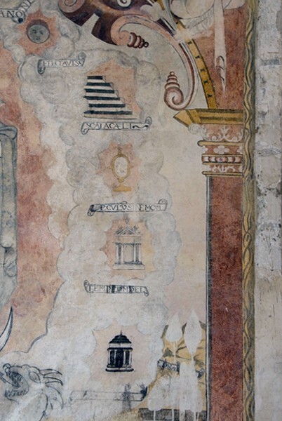 Virgin Immaculate, detail, symbols (right) - Portería murals