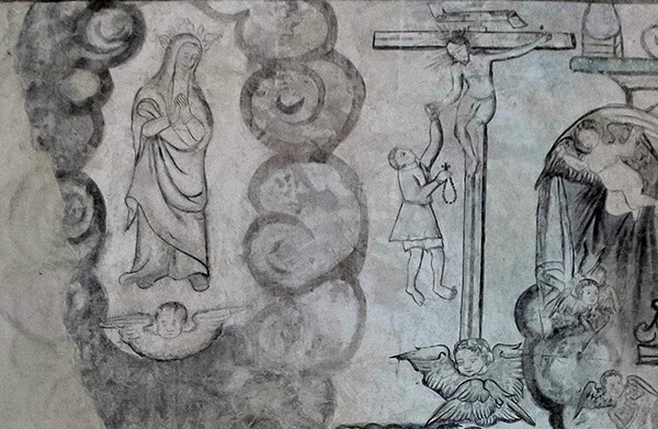 Upper scenes - San Juan Bautista, convento second story, friar's cell mural: Miracle of the Rosary mural