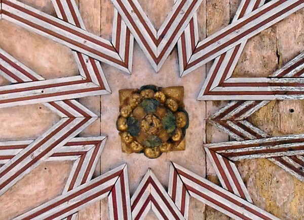 Lower cloister walk, testera alfarje ceiling, detail - San Francisco