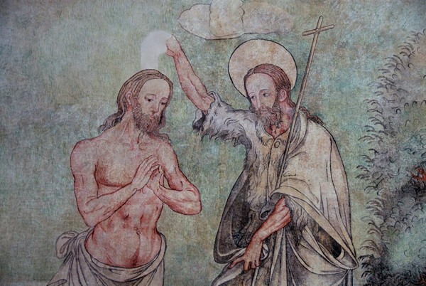 Lower cloister walk, S wall mural detail - San Juan Bautista, facade, convento, cloister & lower walk murals