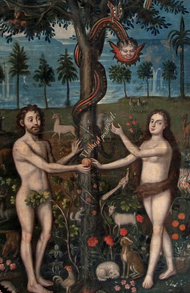 Santa Inés, sanctuary painting, Adam & Eve, detail - Santa Inés, Tlaxcala