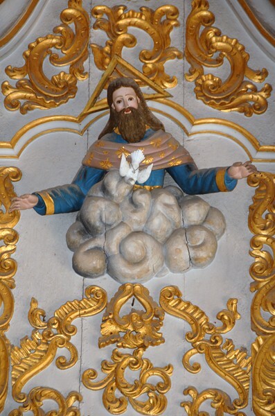 South nave wall, St. Benito of Palermo retablo detail, The Ascension - El Dulce Nombre de Jesús