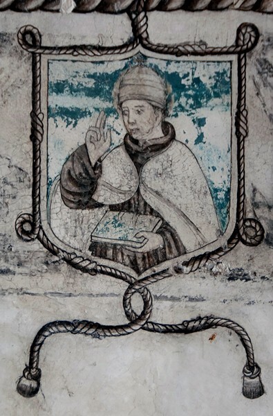 Lower cloister walk, frieze cartouche - San Martín, nave, cloister & convento