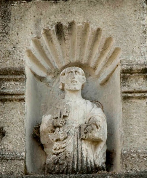 San Pedro Apóstol, upper façade niche statue, St. Peter - San Pedro Bocaneo, Michoacán