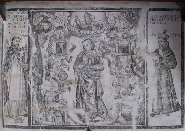 Lower cloister walk, NE testera mural - San Miguel Arcángel, cloister & murals