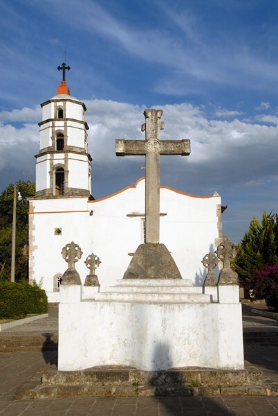 San Felipe, atrial cross, stump and church façade & bell-tower - San Felipe de los Alzati, Michoacán