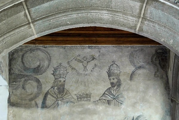 San Gabriel, lower cloister walk mural, Coronation of the Virgin - San Gabriel, cloister with murals