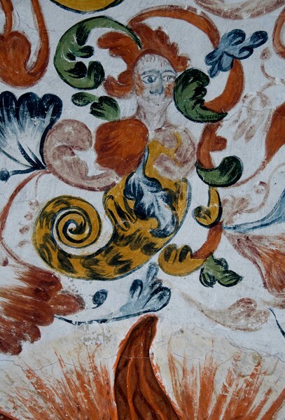 Sacristy arch, soffit mural, merman - La Merced, sacristy arch, pillar & murals