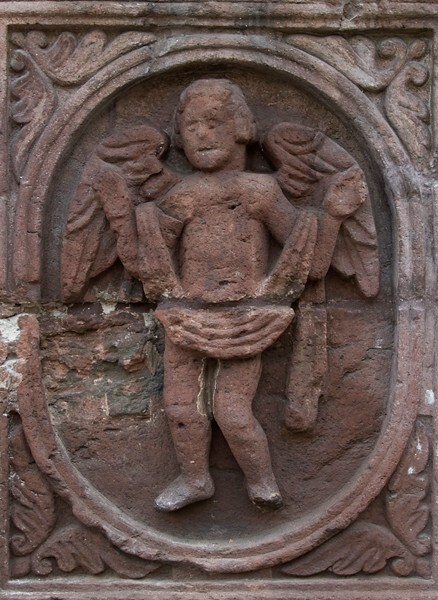San Bernardino de Sena, façade, main portal, right pilaster base - Xochimilco