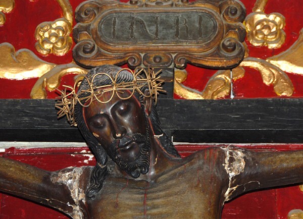San Antonio, nave Señor de Esquipulas altar, Crucifixion detail - Ticul, Yucatán