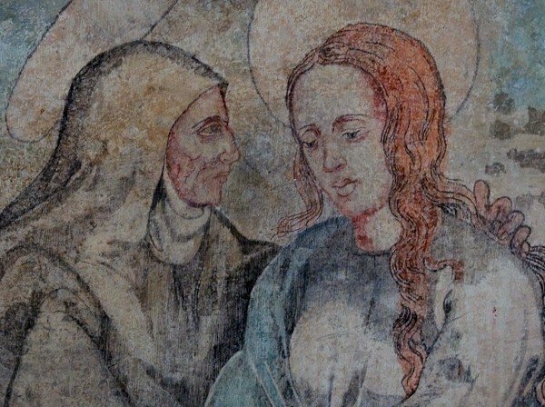 Lower cloister walk, N wall mural detail - San Juan Bautista, facade, convento, cloister & lower walk murals