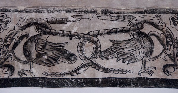 Upper cloister walk, frieze grotesque mural - San Francisco, façade, portería, cloister & murals