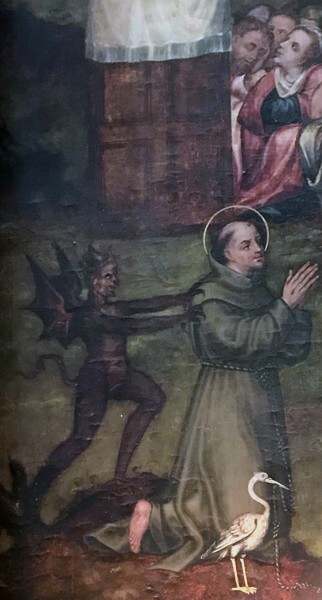 South nave wall San Francisco retablo, detail, Devil & St. Francis - Señor Santiago