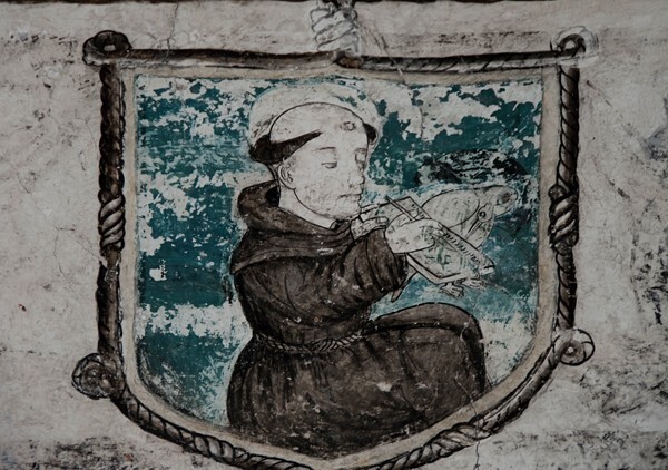 Lower cloister walk, frieze cartouche - San Martín, nave, cloister & convento