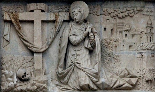 Façade, second story central relief, Our Lady of Solitude, closeup - La Soledad